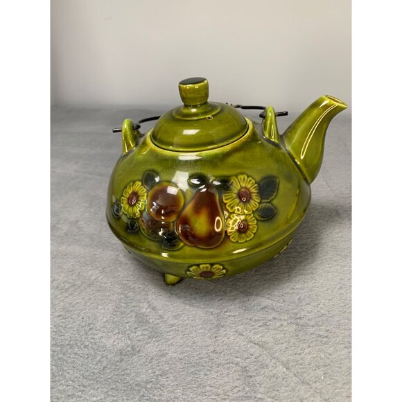 Vintage Green Ceramic Teapot with Floral Relief & Wire Handle 1970s - Picture 2 of 10
